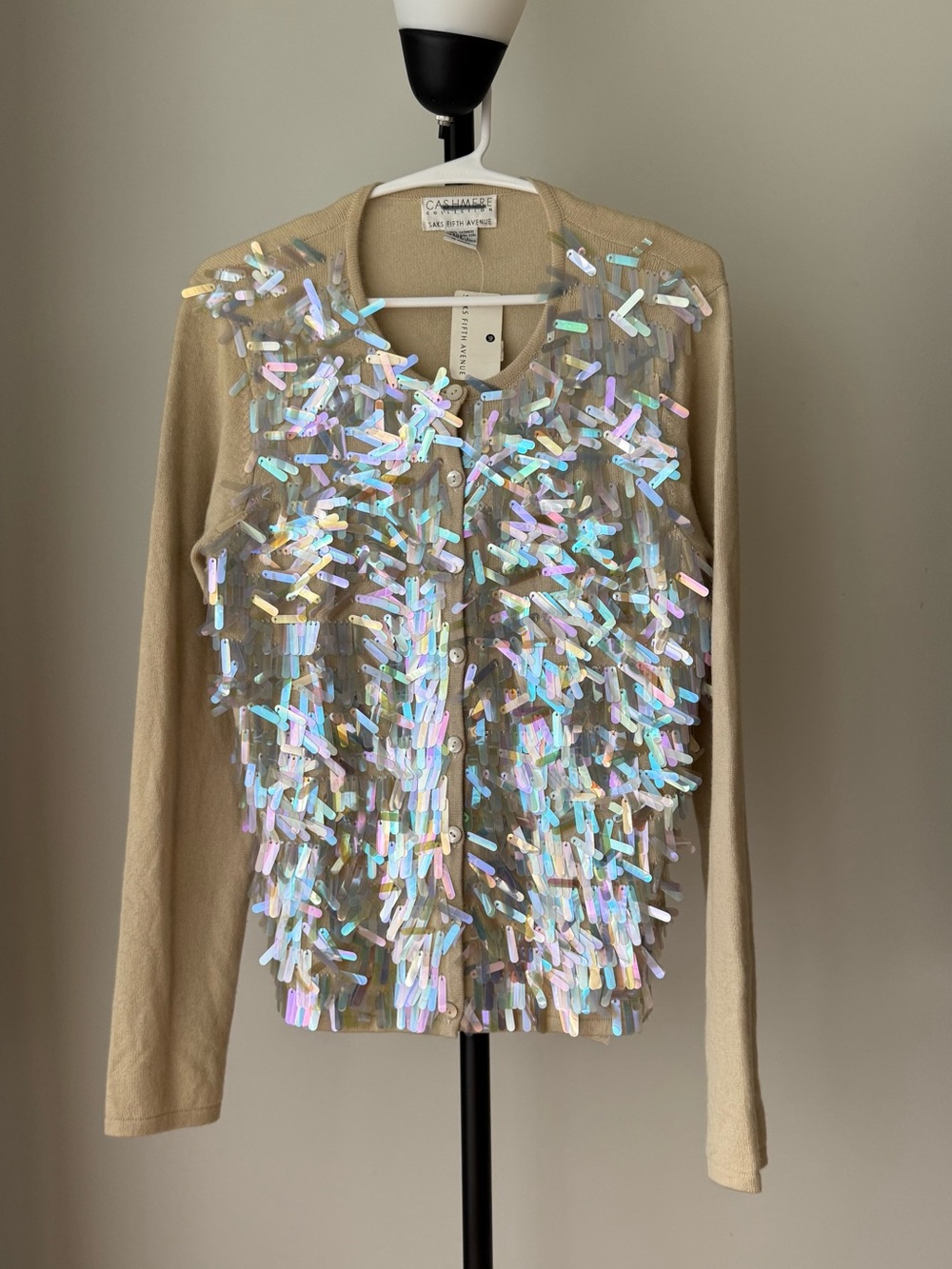 Saks Fifth Avenue Beige Cardigan with Iridescent Sequins L